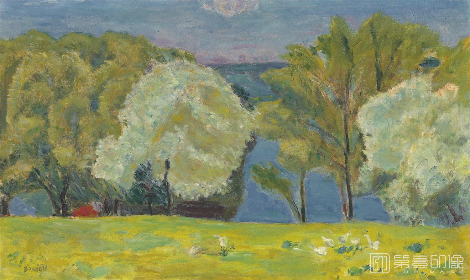 油画-POULES BLANCHES AU BORD DE L'EAU